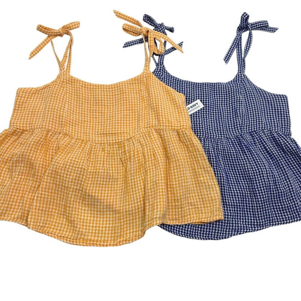 Old Navy Gingham Tank Tops Women's Sz L 2 Blue Orange Milkmaid Cottagecore